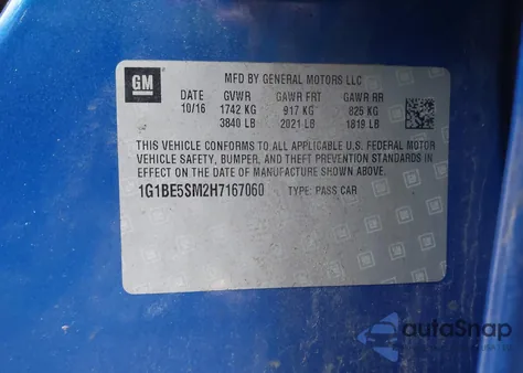 2017 Chevrolet Cruze Lt Auto из США, поврежденный, VIN 1G1BE5SM2H7167060